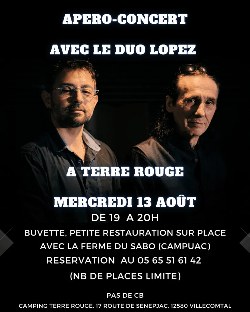 Actualités - Concert camping Terre Rouge, Villecomtal, Aveyron, Conques, rodez, Bozouls, Estaing. Duo Lopez, Eté culturel 2025