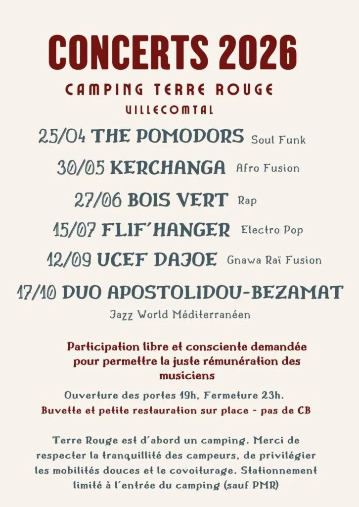 Concerts Camping Terre Rouge Aveyron 2026